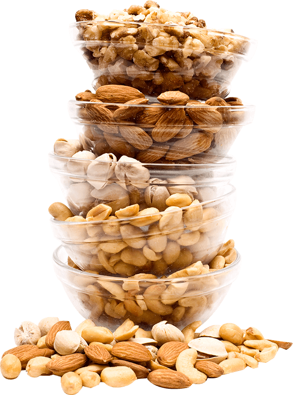 Cashew, peanuts, pistachio, almond, and walnut stacked in a bowl