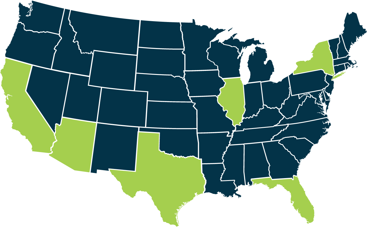 service area map of the USA filled in on TX, CA, AZ, FL, IL, NY