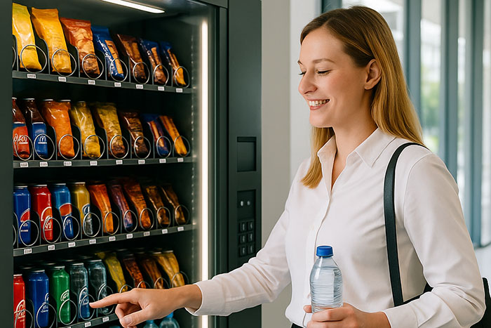 woman smiling while using vending machine