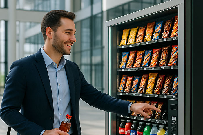 man smiling while using vending machine